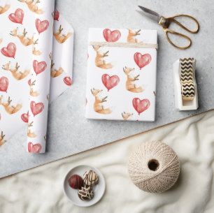 Cute Fox Animal Heart Balloon Birthday Wrapping Paper