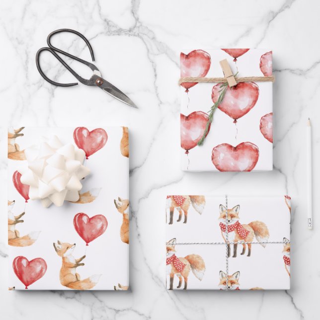 Cute Fox Animal Heart Balloon Birthday Wrapping Paper Sheet (Front)