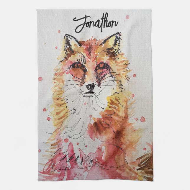 Cute Fox Animal Watercolor Pastel Colors Kitchen Towel (Vertical)