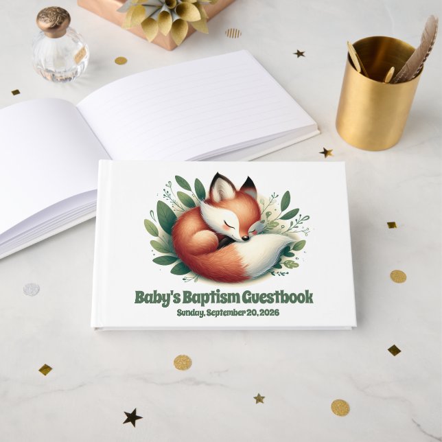 Cute Fox Asleep in Leaves Baby Baptism Guest Book (Front Open)