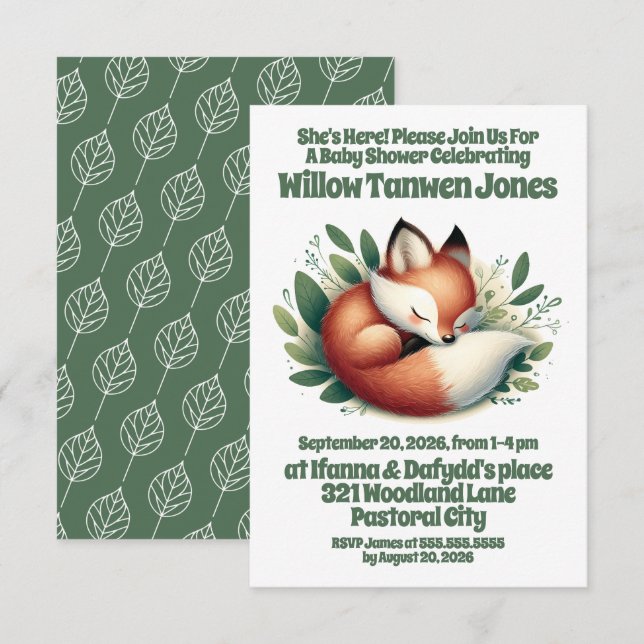 Cute Fox Asleep in Leaves Baby Shower Invitation (Front/Back)