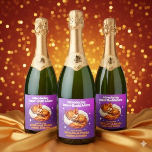 Cute Fox Asleep in Leaves Baby Shower Sparkling Wine Label