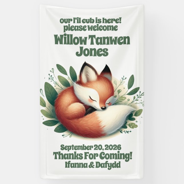 Cute Fox Asleep in Leaves Baby Shower Welcome Banner (Vertical)