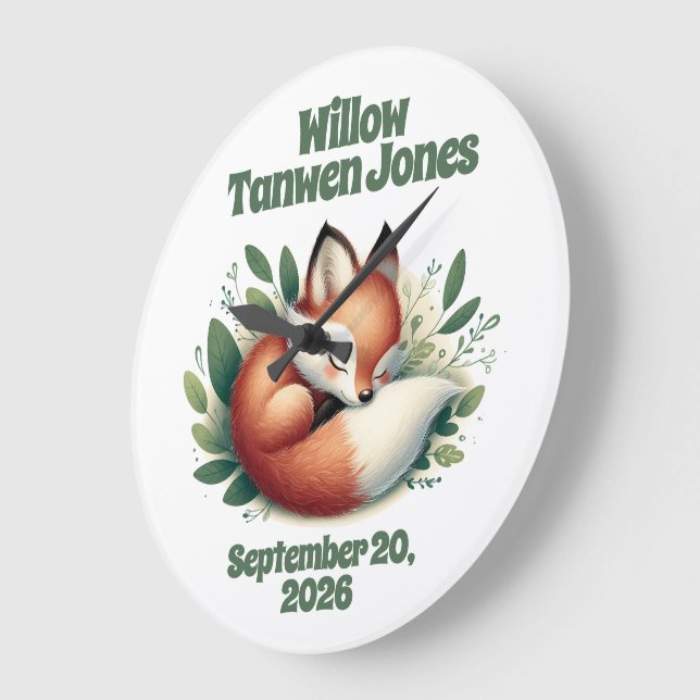 Cute Fox Asleep in Leaves Nursery Large Clock (Angle)