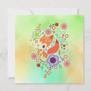 Cute Fox Baby Art Animal With Floral 