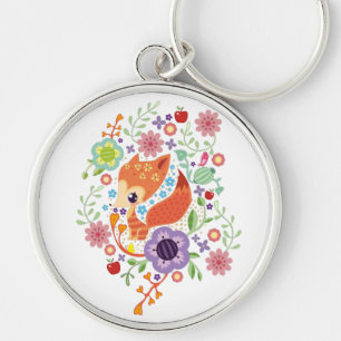 Cute Fox Baby Art Animal With Floral Keychain