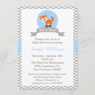 Cute Fox Baby Shower Invitation in Blue and Grey