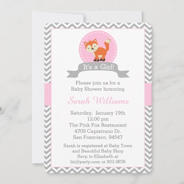 Cute Fox Baby Shower Invitation in Pink and Grey (Front)