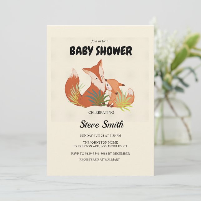 Cute Fox Baby Shower Invitation – Woodland Theme (Standing Front)