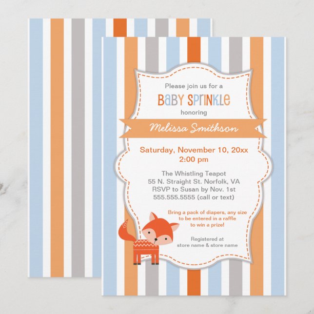 Cute Fox Baby Sprinkle Invitation, neutral gender Invitation (Front/Back)