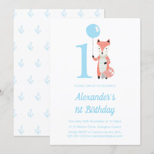 Cute Fox & Balloon Blue 1st Birthday Invitation