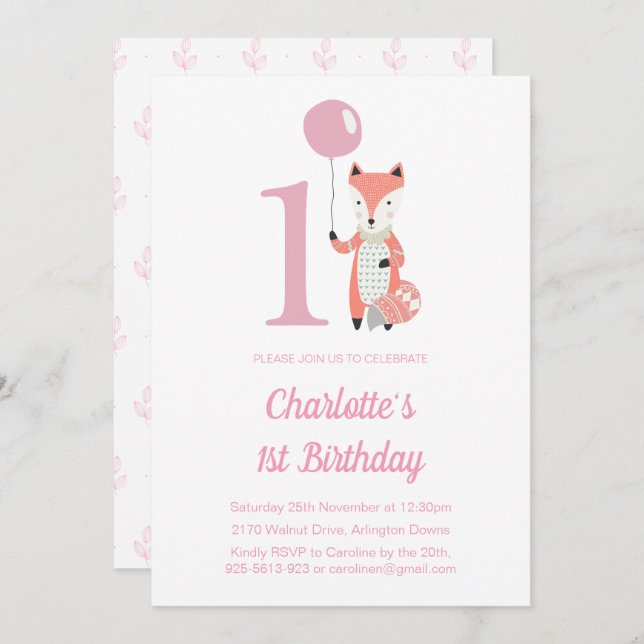 Cute Fox & Balloon Pink 1st Birthday Invitation (Front/Back)