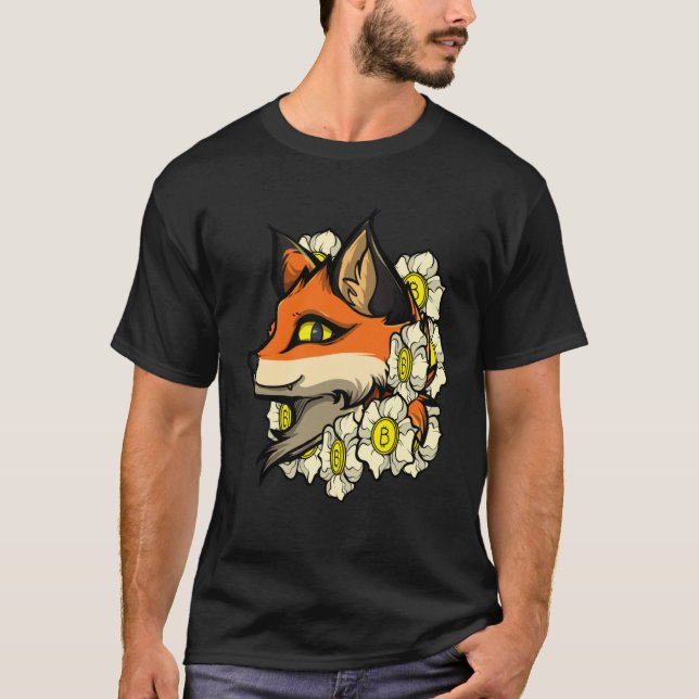 Cute Fox Bitcoin  Idea Fox With Flowers Loves Bitc T-Shirt (Front)