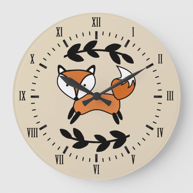 Cute Fox & Black Laurels Large Clock (Front)