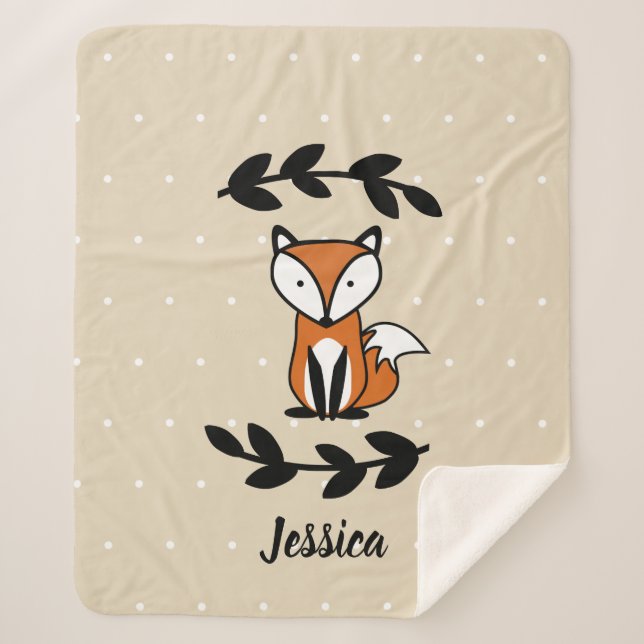 Cute Fox & Black Laurels Polka Dotted Personalized Sherpa Blanket (Front)