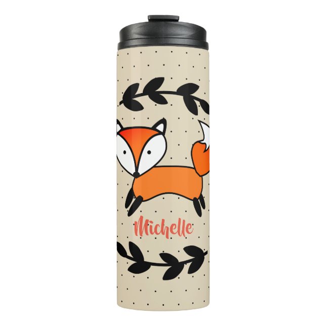 Cute Fox & Black Laurels Polka Dotted Personalized Thermal Tumbler (Front)