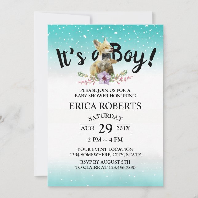 Cute Fox Boy Teal Watercolor Baby Shower Invitation (Front)