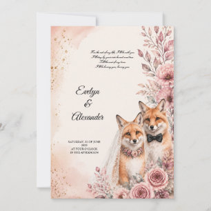 Cute Fox Bride and Groom Blush Pink Floral Gold   Invitation