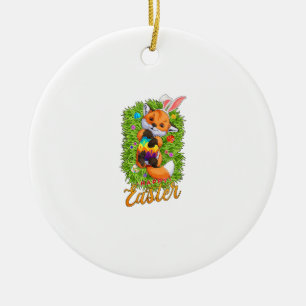 Cute Fox Bunny Ears Happy Easter Fox with Easter E Ceramic Ornament