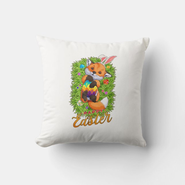 Cute Fox Bunny Ears Happy Easter Fox with Easter E Throw Pillow (Front)