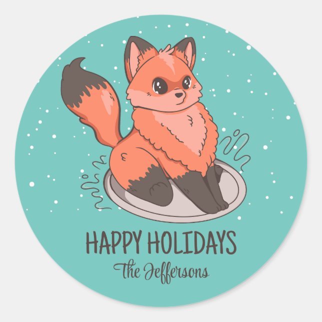 Cute Fox Christmas Animal Snowy Winter Holiday Classic Round Sticker (Front)