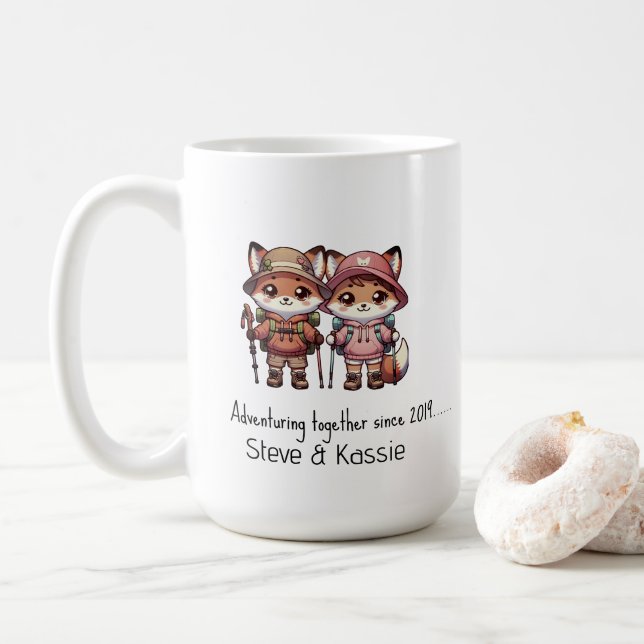 Cute Fox Couple Adventuring Together Since Hiking Coffee Mug (With Donut)