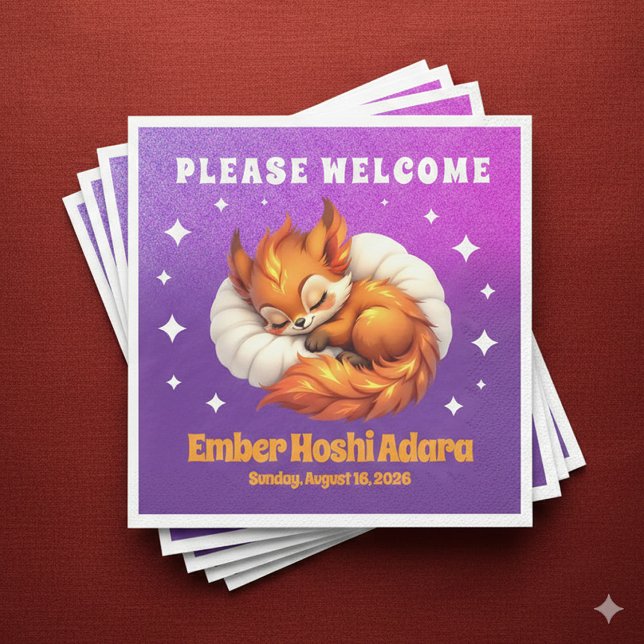 Cute Fox Cub Asleep in Starry Night Sky Napkin (Cute Fox Cub Asleep in Starry Night Sky Paper Napkins Cover Photo)