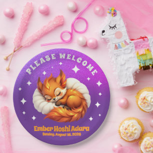 Cute Fox Cub Asleep in Starry Night Sky Paper Plate