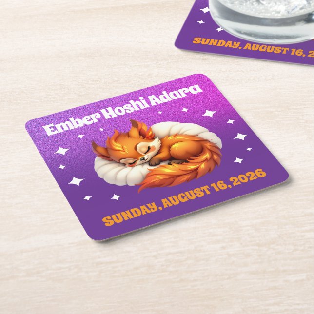 Cute Fox Cub Asleep in Starry Sky Baby Shower Square Paper Coaster (Angled)