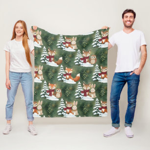 Cute Fox Deer Owl Christmas Winter Forest Fleece Blanket