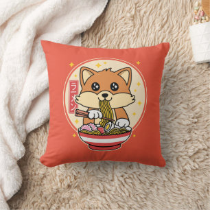 Cute Fox Eating Ramen Kawaii Japanese Food Gift Throw Pillow