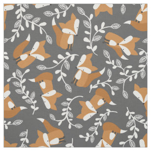 Cute Fox et vignes en tissu gris foncé et orange