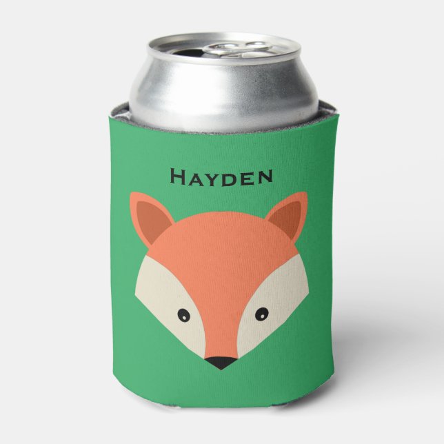 Cute Fox Face on Green Personalised Can Cooler (Can Front)