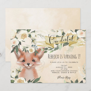 cute fox floral onederful 1st birthday invitation