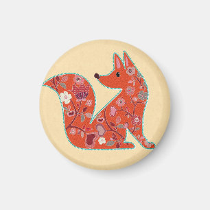Cute Fox Floral Pattern Folk Art Magnet