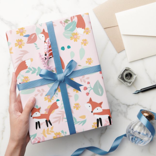 Cute Fox Floral Pink Design Wrapping Paper (Gifting)