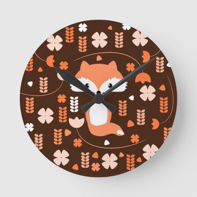Cute fox, flowers and leaves in orange round clock (Front)