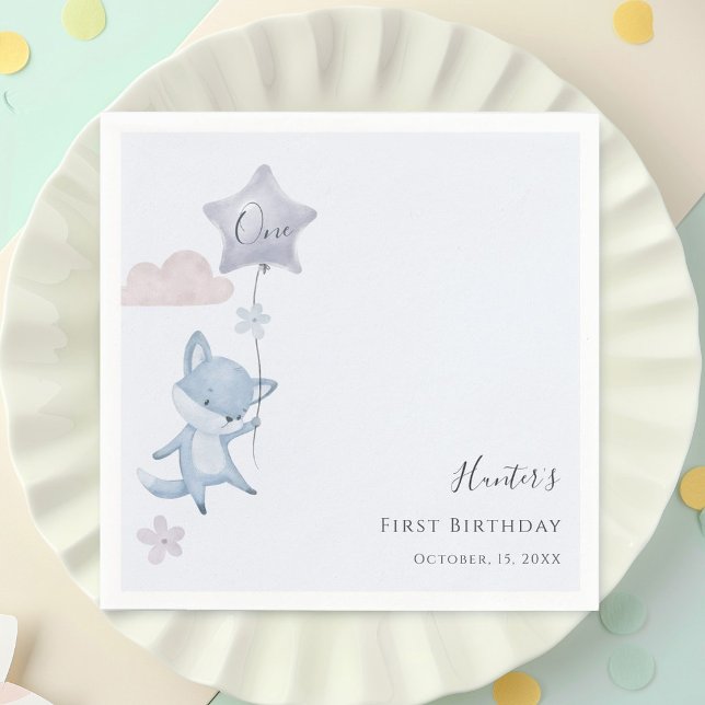 Cute Fox Flying Balloon Boy First Birthday  Napkin (Creator Uploaded)
