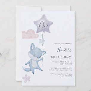 Cute Fox Flying Balloon Boy First Birthday Party Invitation