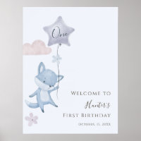 Cute Fox Flying Balloon First Birthday Welcome    