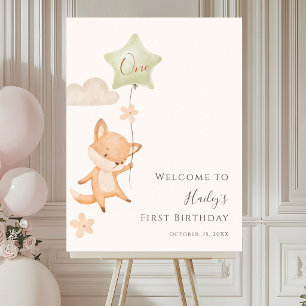Cute Fox Flying Balloon First Birthday Welcome     Poster