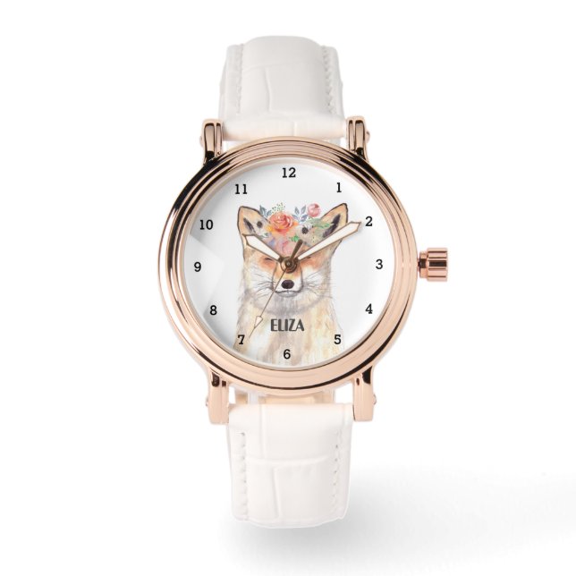 Cute Fox Girly Wildlife Animals Ladies Watercolor Watch (Front)