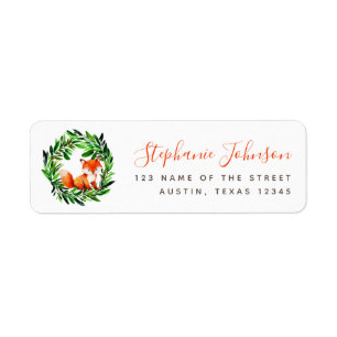 Cute Fox Greenery Wreath Red Script Return Address