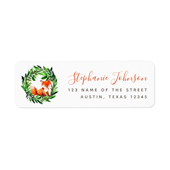 Cute Fox Greenery Wreath Red Script Return Address (Front)