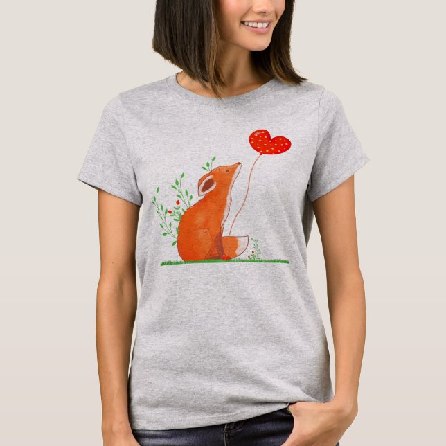 Cute Fox  Holding A Heart Balloon T-Shirt (Front)