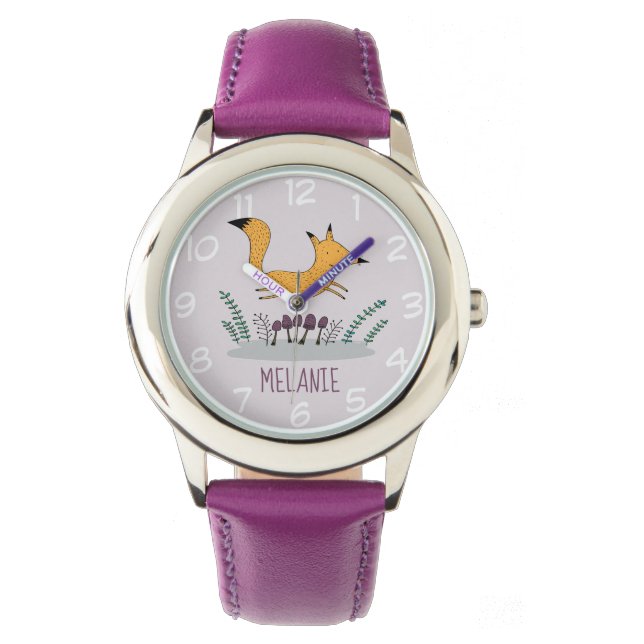 Cute Fox Illustration Kids Name Watch (Front)