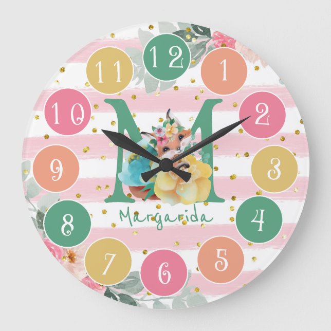 Cute Fox Illustration Sweet Monogram Large Clock (Front)