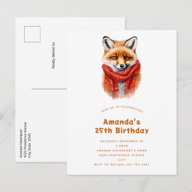 Cute Fox in a Red Scarf Autumn Image Birthday Invitation Postcard (Front/Back)