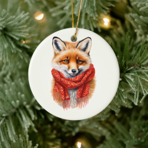 Cute Fox in a Red Scarf Autumn Image Ceramic Ornament