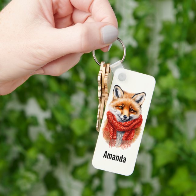 Cute Fox in a Red Scarf Autumn Image Keychain (Hand)